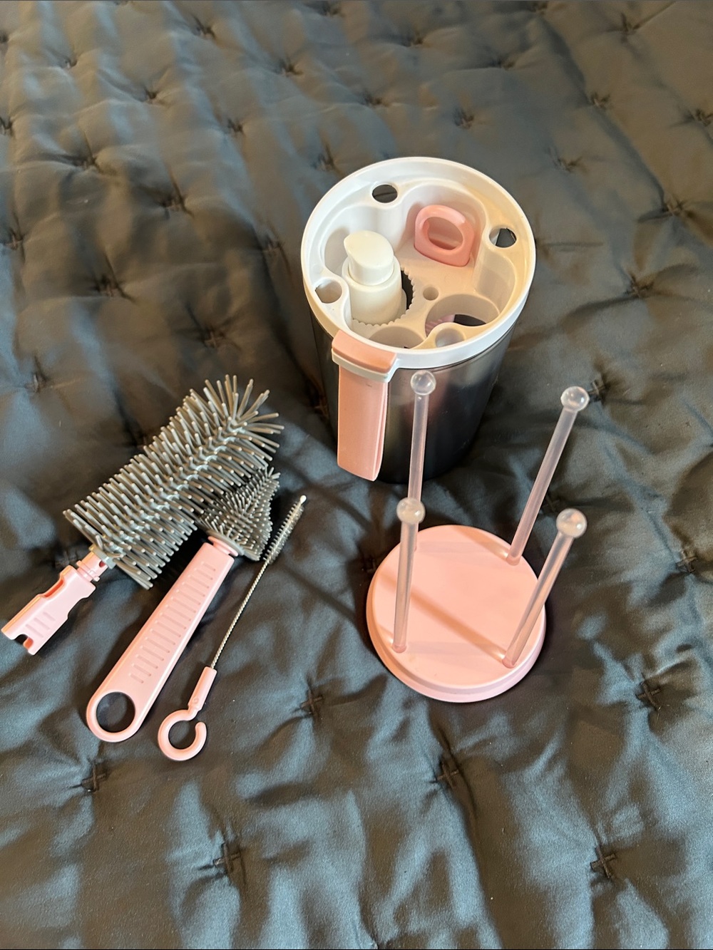 Pink and White baby bottle, brush set- Brush and Holder perfect for traveling